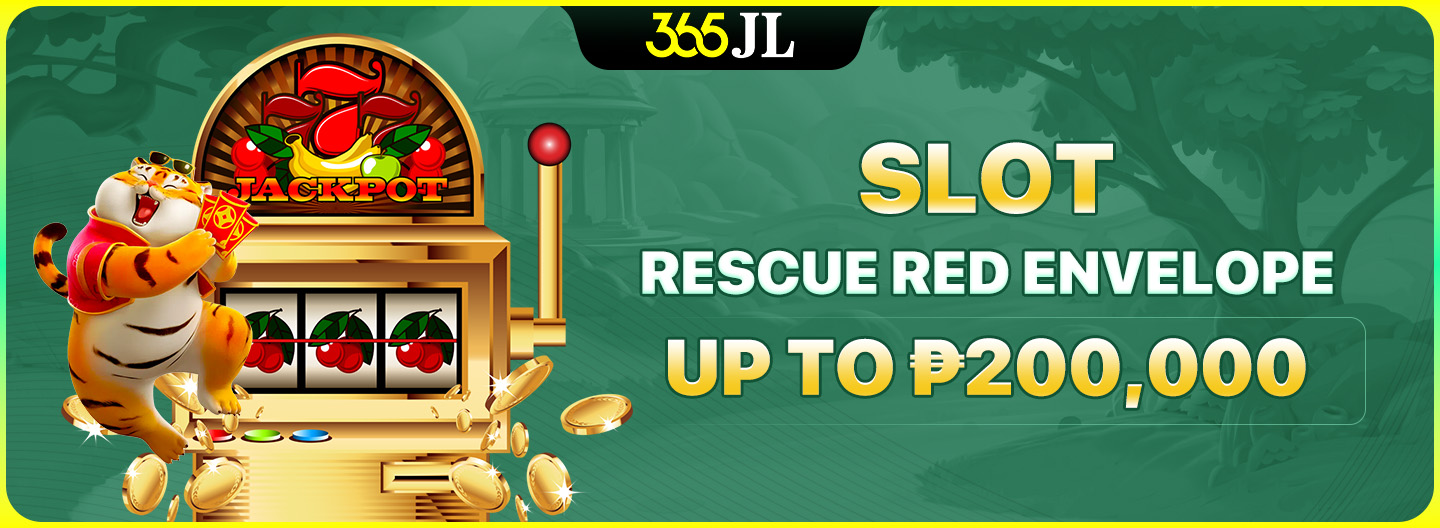 A promotional banner for Slot Rescue red envelope with a large treasure chest